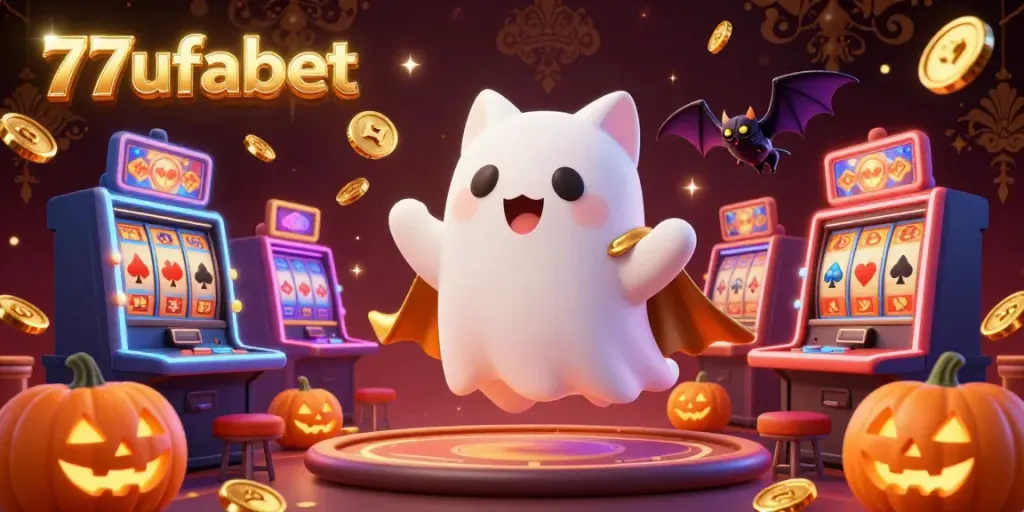 Engage in gaming excitement with the friendly ghost cat and vampire bat at 77ufabet's vibrant casino.