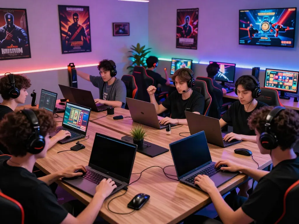 Diverse gamers enjoying the batman138 slot experience in a vibrant gaming lounge.