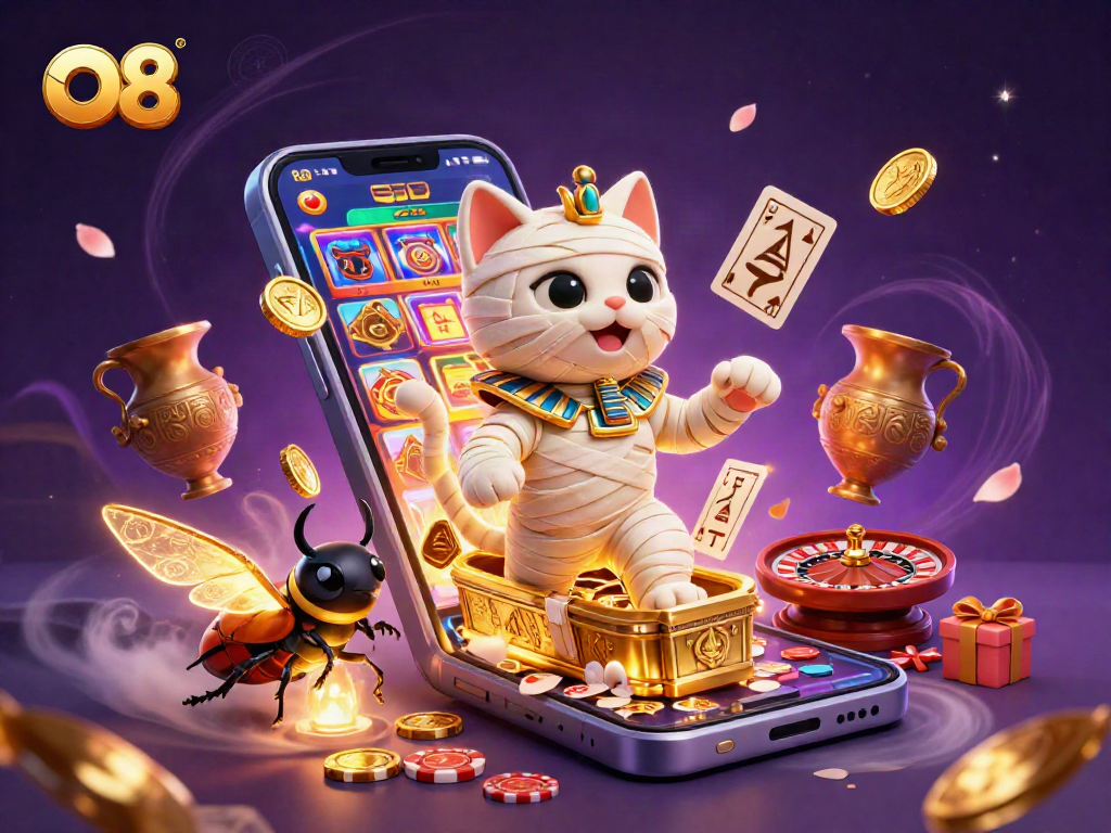 Experience exciting gameplay with O8, featuring a dynamic Egyptian mummy cat and casino elements.