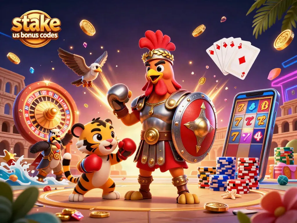 Engage with stake us bonus codes while enjoying a vibrant 3D casino scene filled with excitement and action.