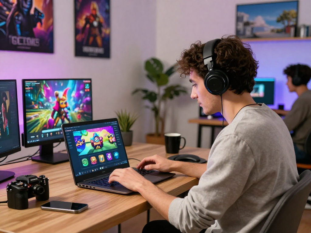 Pengguna slot7000 sedang menjelajahi toko top up game digital dengan laptop di rumah.
