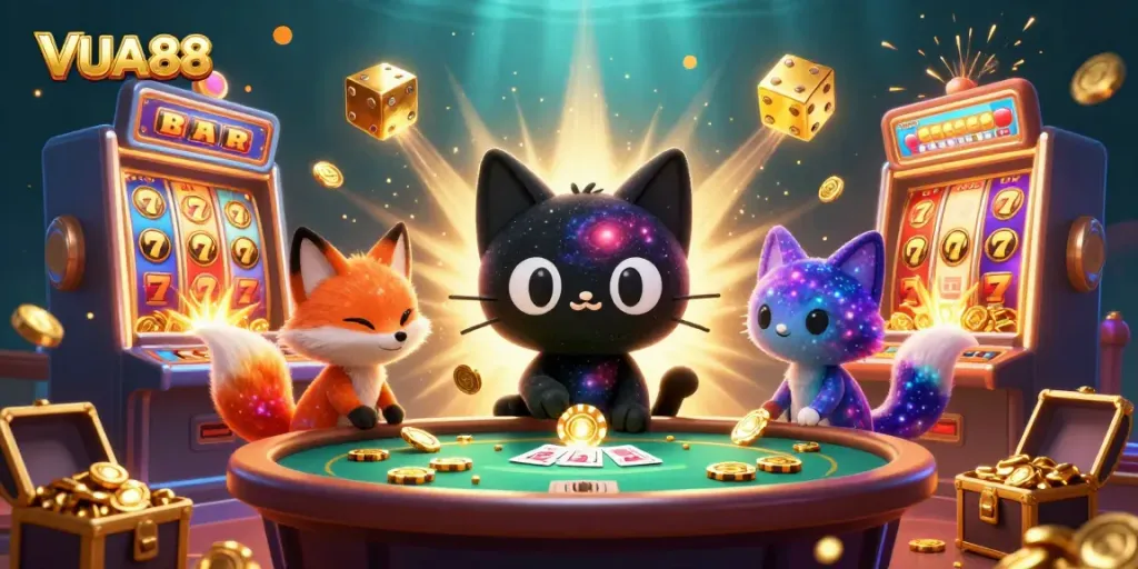 Experience thrilling gameplay at VUA88 with a vibrant cosmic casino scene featuring animated characters and slot games.