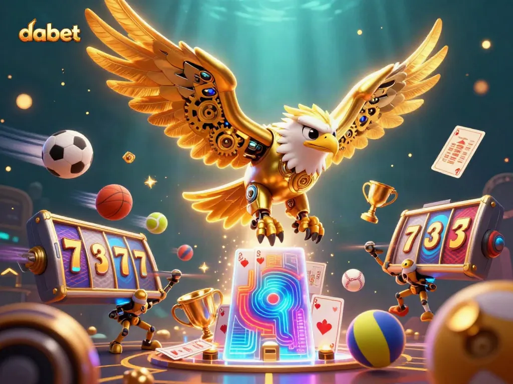 Dabet showcases a cybernetic golden eagle surrounded by vibrant slot and sports elements in an action-packed casino scene.