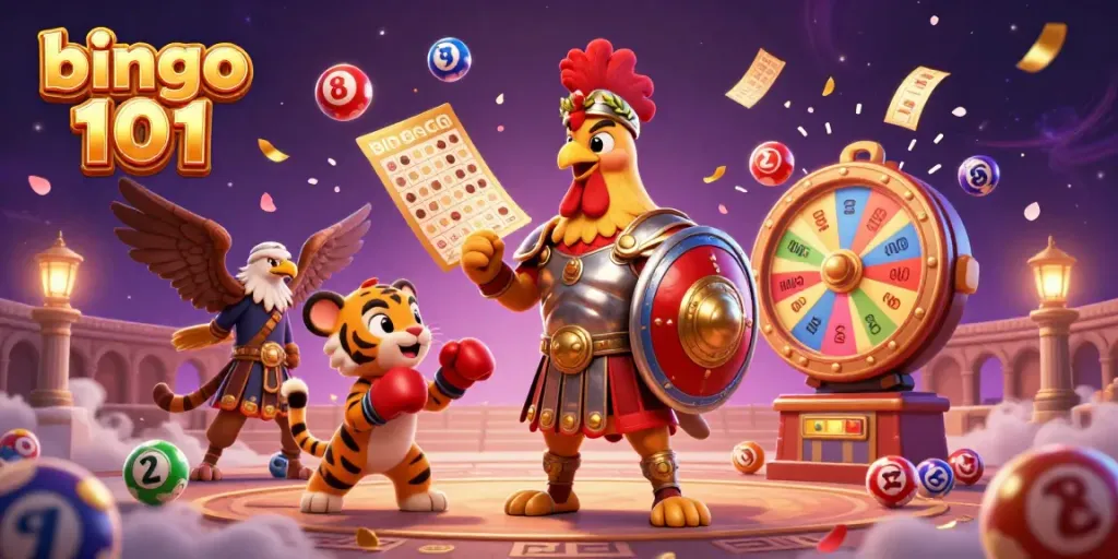 Engage with bingo 101 through an exciting 3D scene of a rooster, tiger cub, and eagle amid vibrant lottery elements.