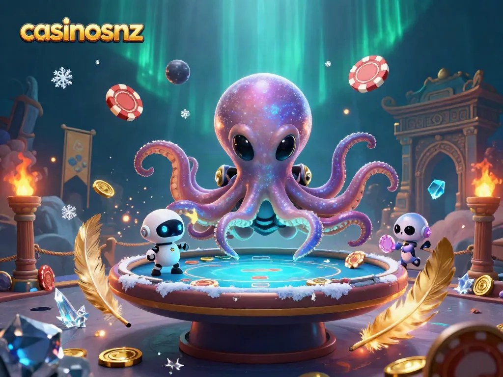 Join the excitement at casinosnz with an alien octopus playing holographic poker.