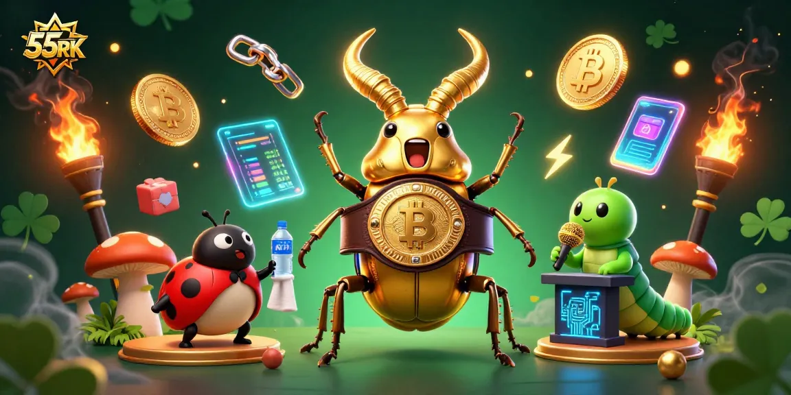 Engage with 55RK’s thrilling gaming scene featuring vibrant crypto elements and animated characters.