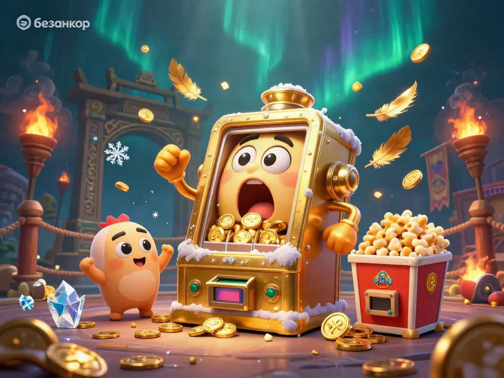 Experience excitement at a colorful безанкор casino scene with golden slot machines and coins raining down.