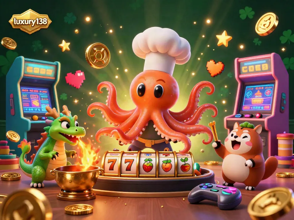 luxury138 merayakan keseruan permainan slot dengan karakter unik chef sushi, naga, dan tanuki di kasino digital