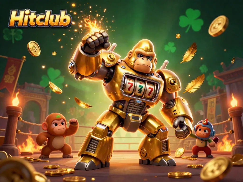 Hitclub's exciting gaming scene features a golden gorilla mech and dynamic casino elements.