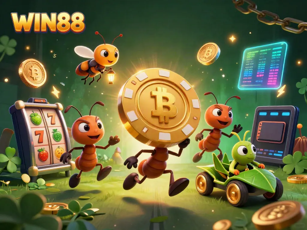 WIN88 heist scene with ants, poker chip, and vibrant casino elements for thrilling gaming experience.