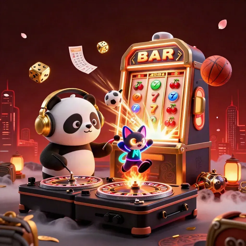 Panda DJ, breakdancing monkey, and glow-stick kitten amid casino bursts and sports balls.
