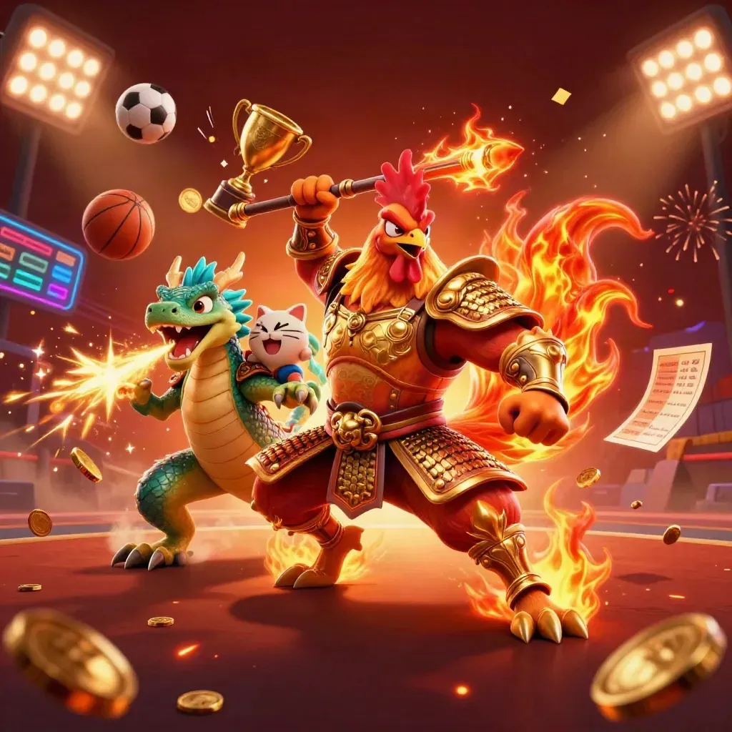 Rooster warrior, dragon hatchling, and fortune-cat blast through casino-style sports chaos.