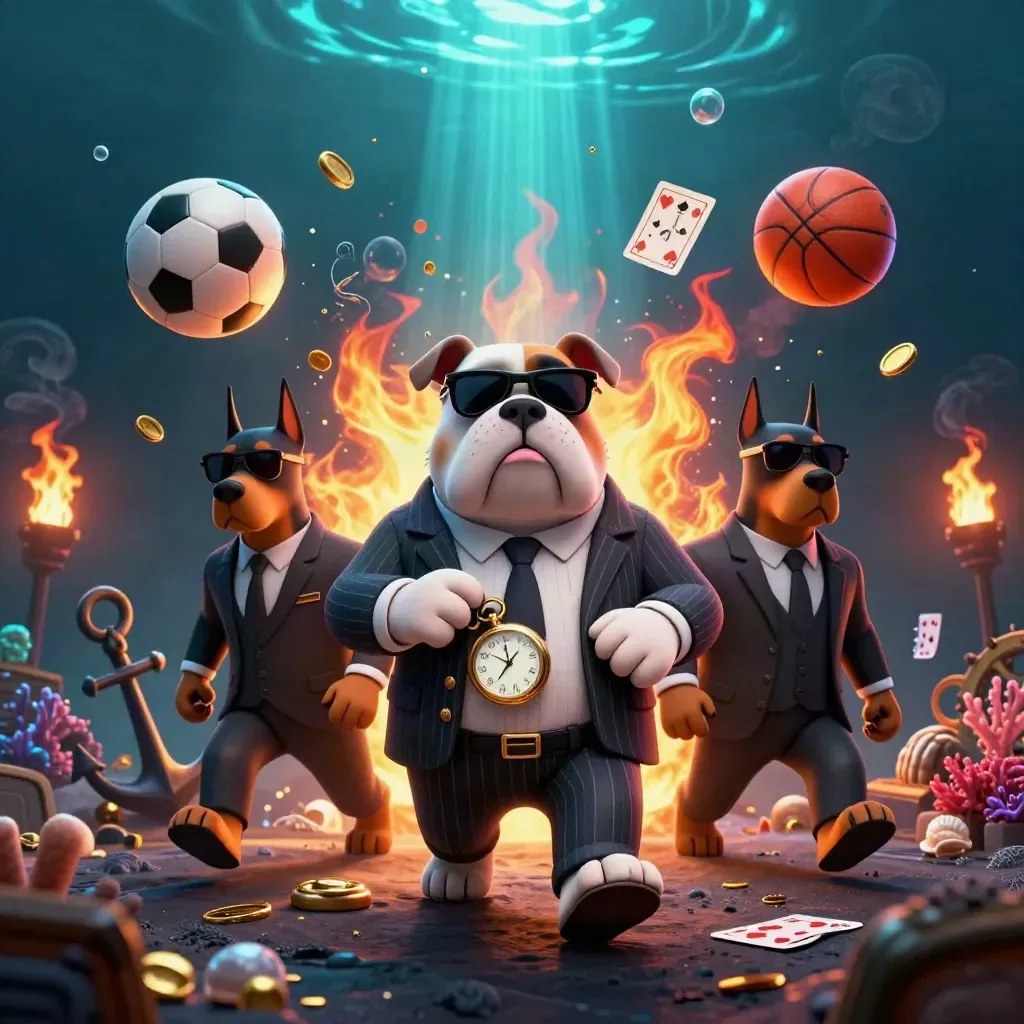 Bulldog boss and two Dobermans in a neon underwater treasure cove with balls, coins and bubbles.