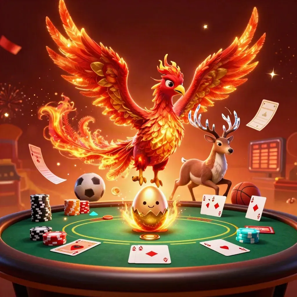 Phoenix, baby phoenix, and crystal stag amid poker chips, cards, sparks, and fiery glow.