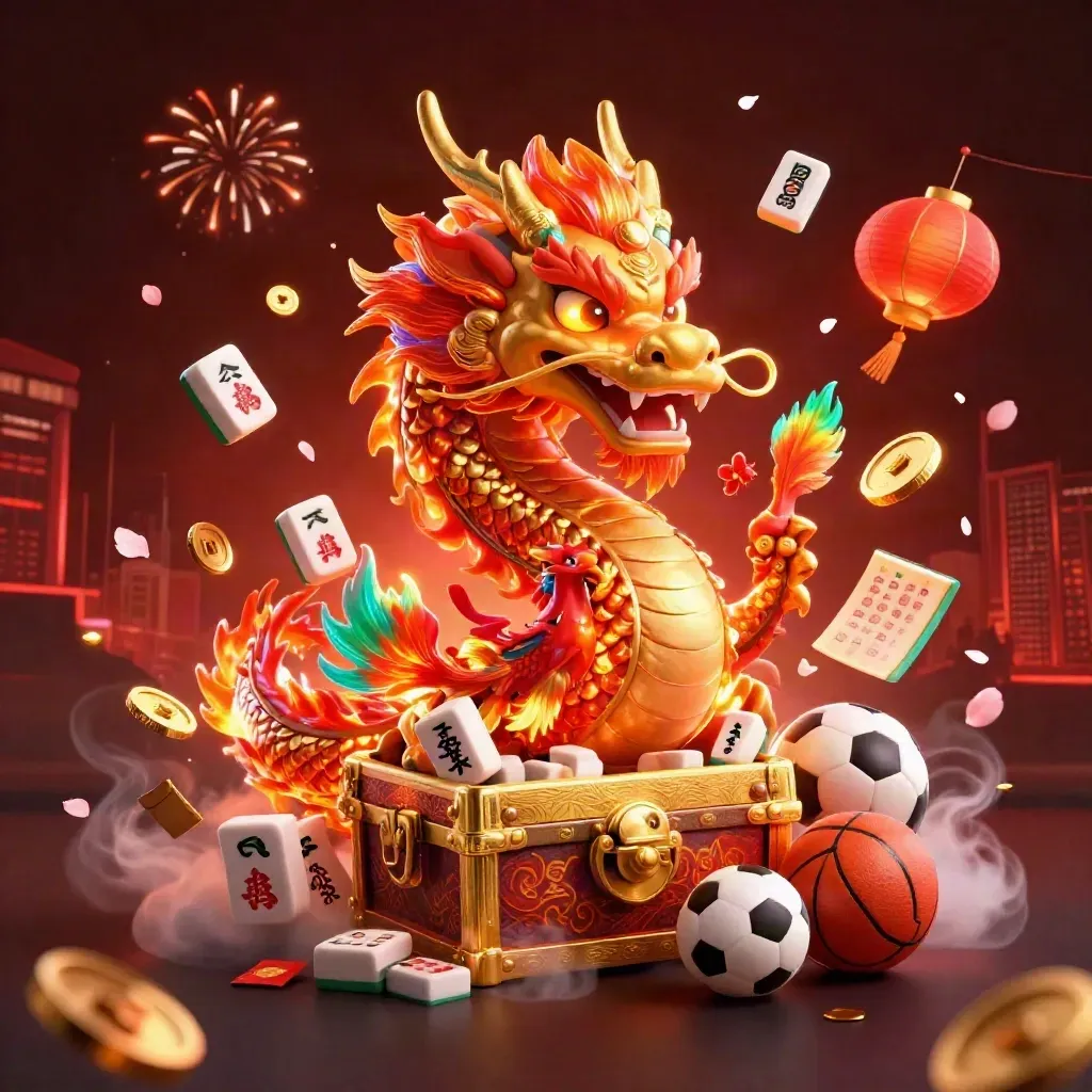 Golden dragon, phoenix, koi, and casino luck symbols on a dark neon esports backdrop.