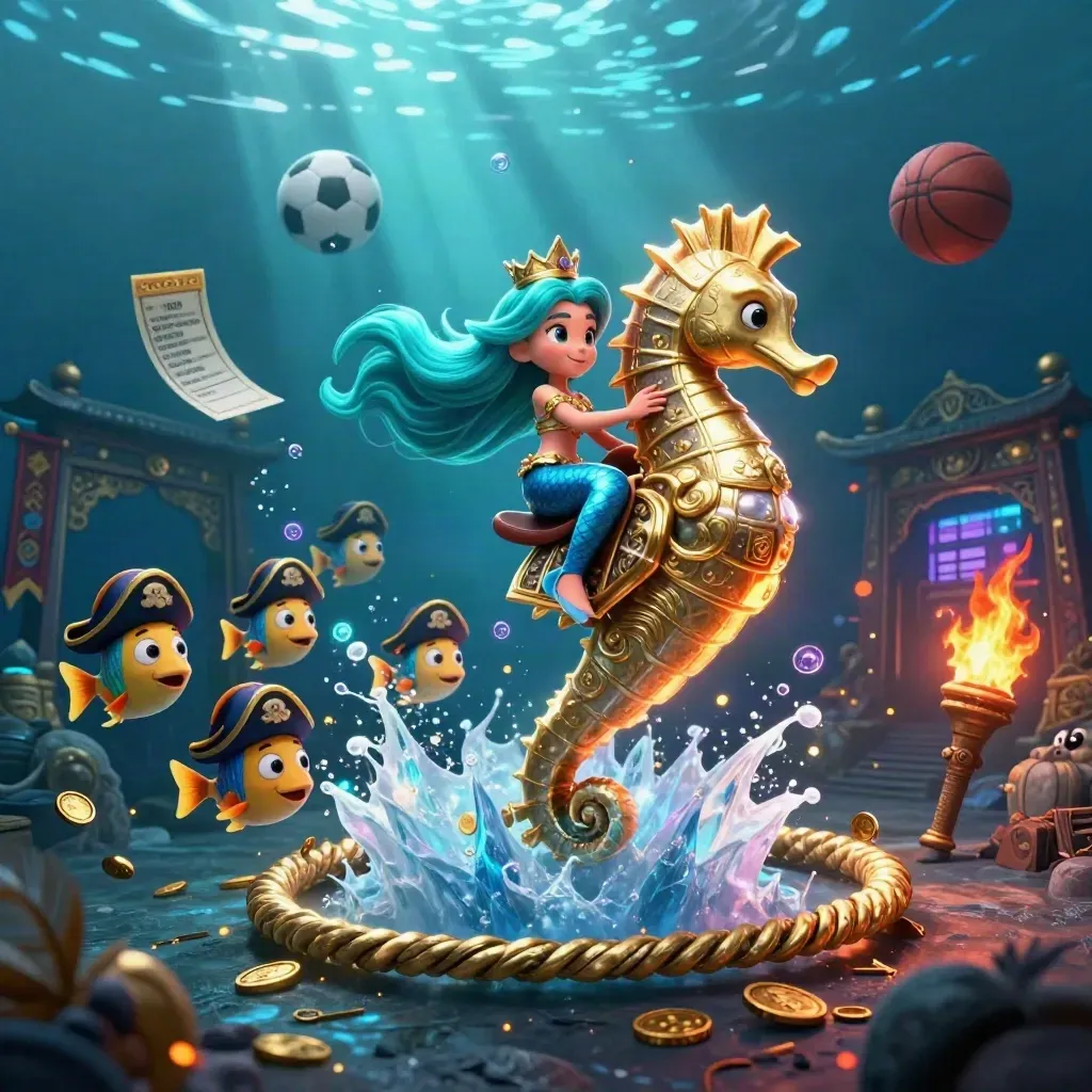 Mermaid princess on armored seahorse amid pirate fish, coins, temple gate, and neon underwater rays.