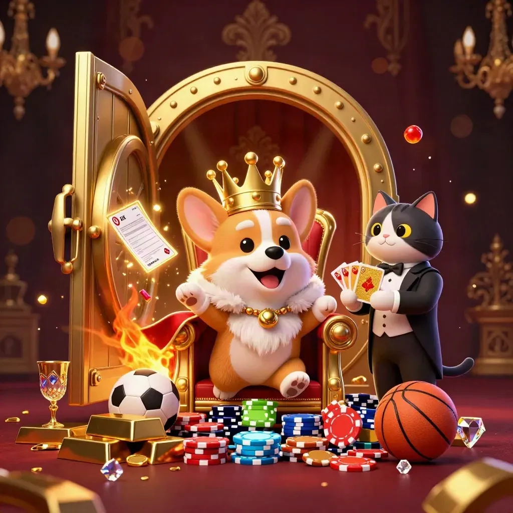 Royal corgi and cat butler in a casino vault blast amid gold, gems, balls, and glowing light.