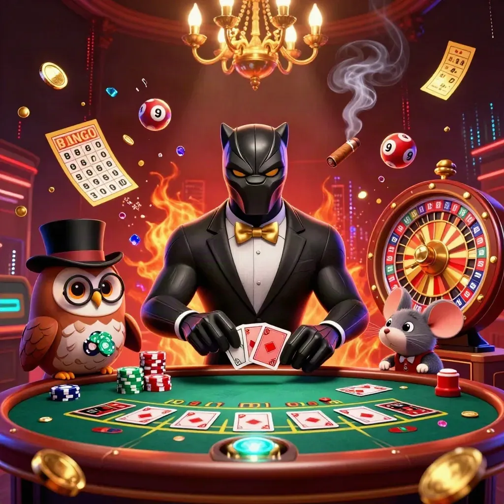 Panther, owl, and mouse at a luxe neon casino table with roulette, bingo, and flying prizes.