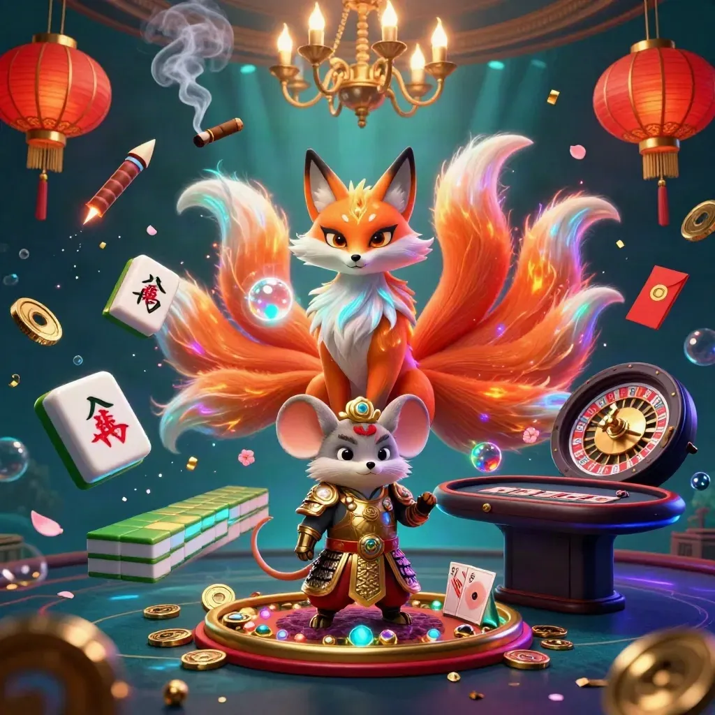 Neon fox spirit and golden mouse in a glowing casino room with lanterns, coins, and underwater light.