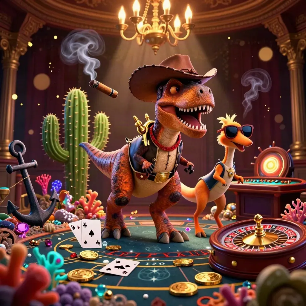 Cowboy T-Rex, cactus sidekick and roadrunner in a luxe casino-treasure cove scene.