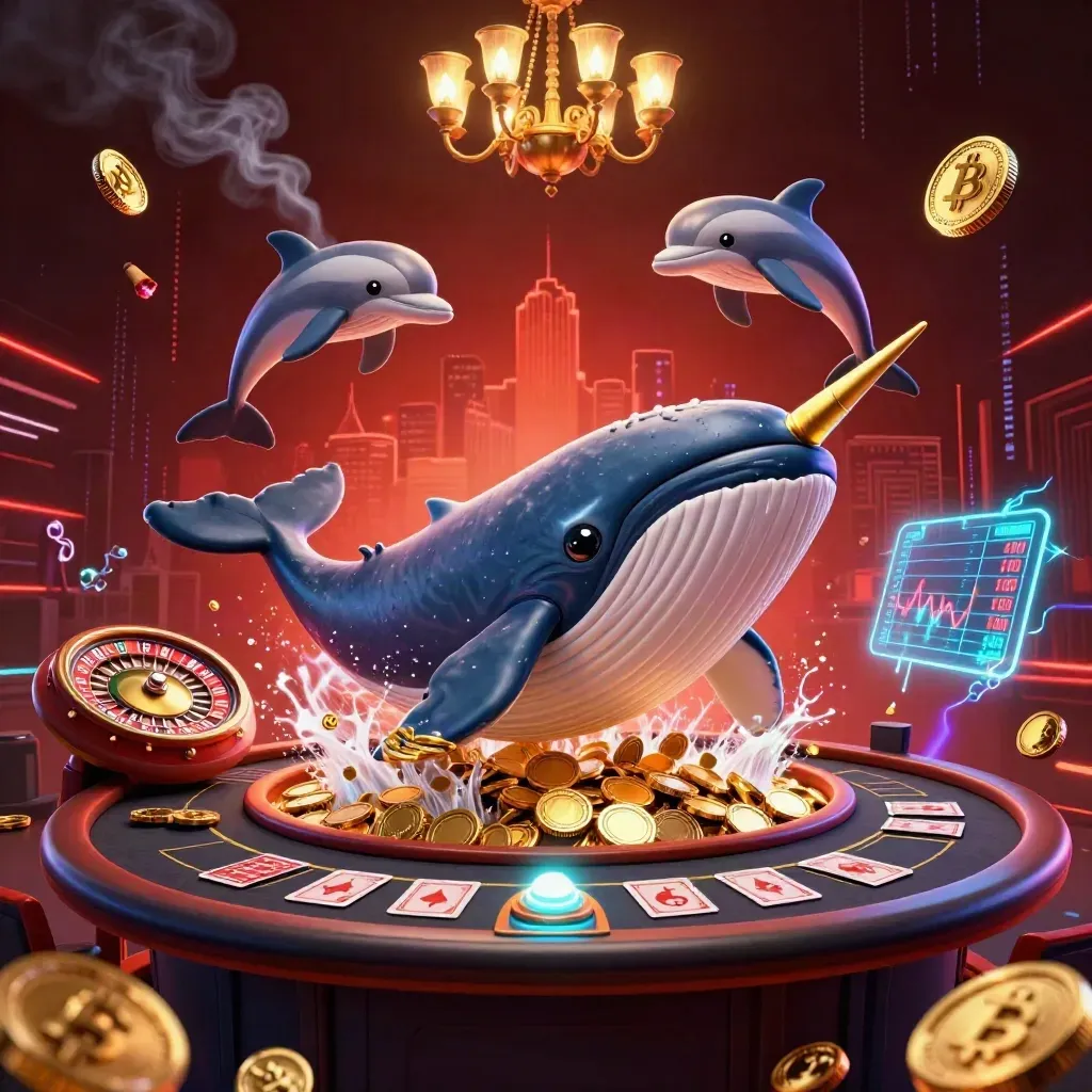 Whale captain, narwhal, and dolphins in a neon casino with coins, charts, and brass glow