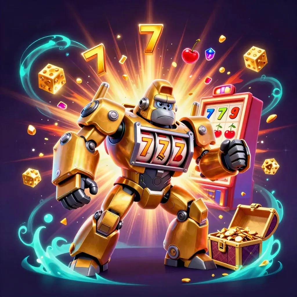 Golden gorilla slot mech with monkey pilot explodes with gems, dice, and neon cyan jackpots.
