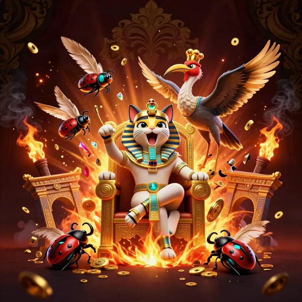 Pharaoh cat, ibis scribe, and gem-wing scarabs amid treasure, firelight, and dark luxury backdrop.