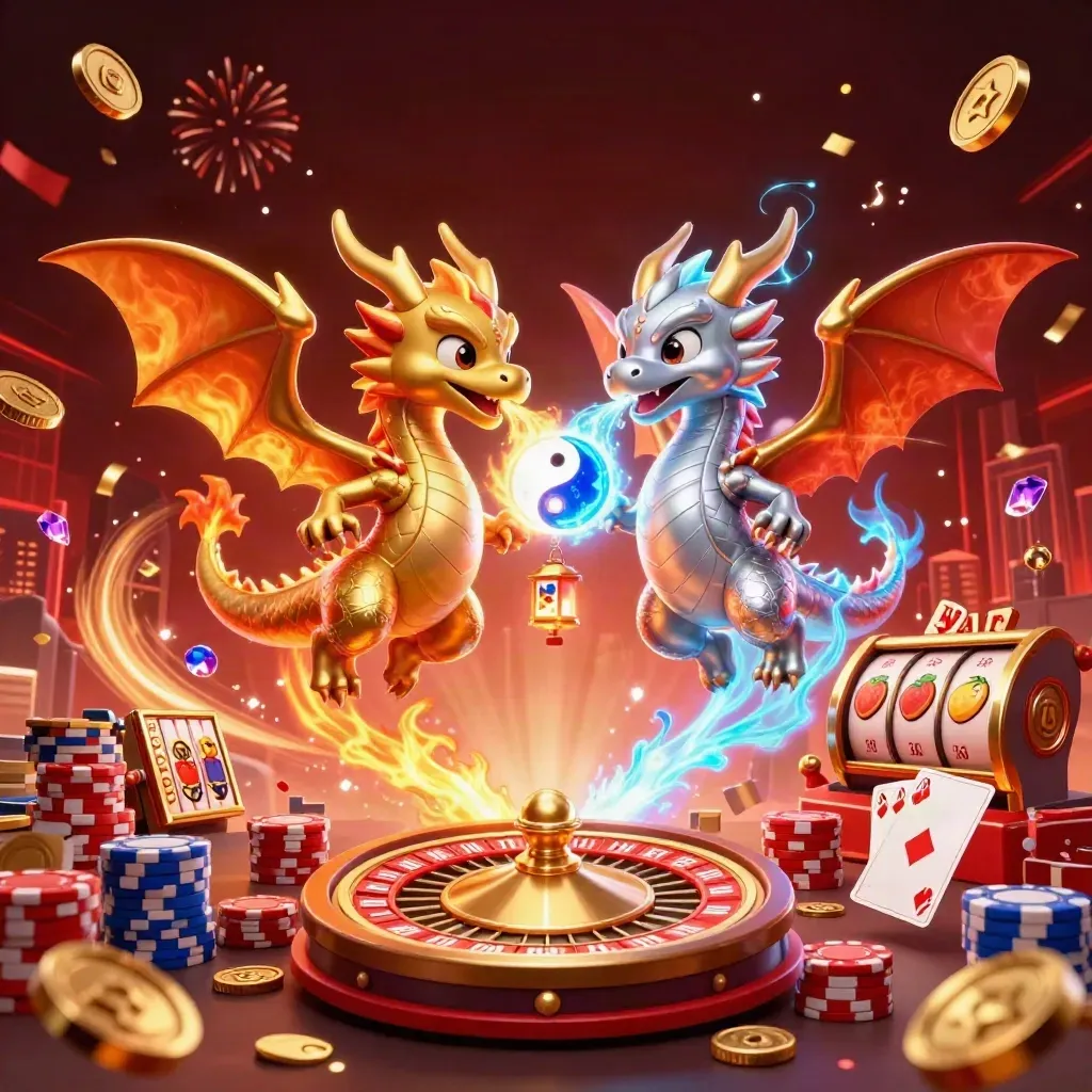 Gold and silver dragons clash midair amid coins, gems, chips, reels, and neon casino effects.
