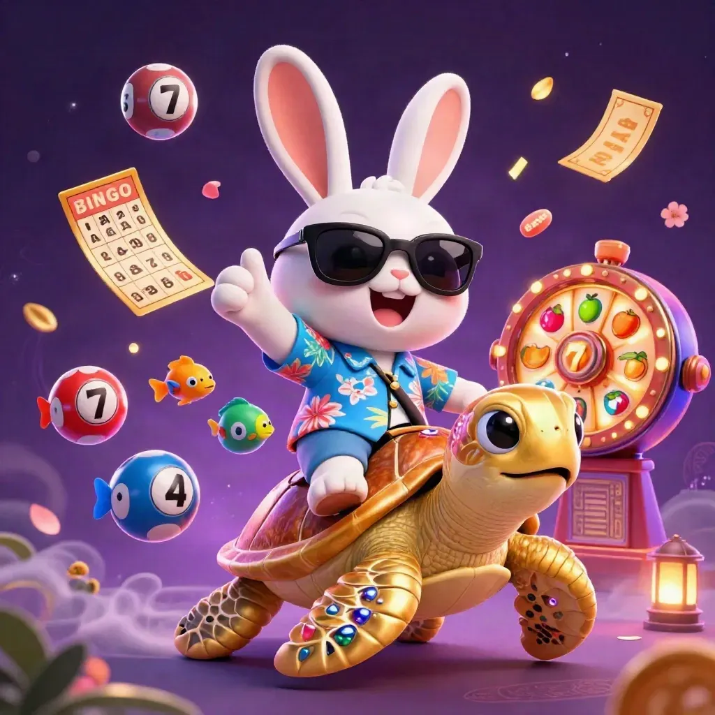 Lucky rabbit rides a gem-shell sea turtle as casino symbols burst through a neon cosmic sky.