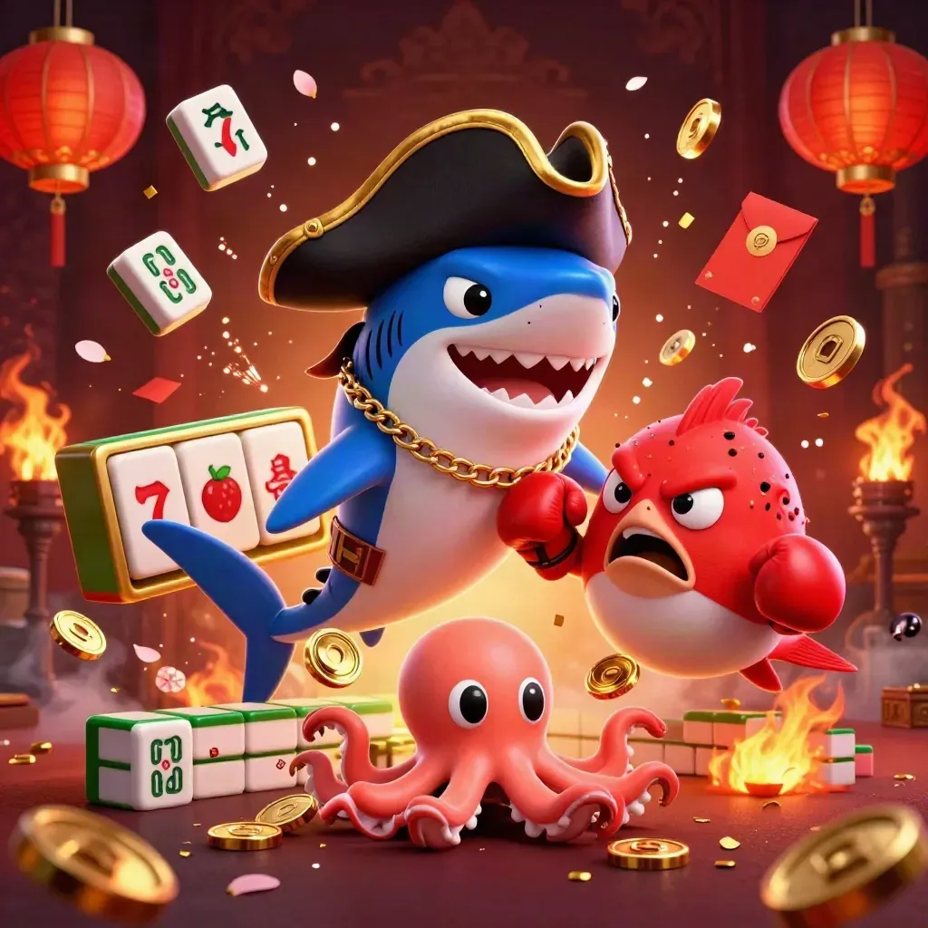 Shark captain, pufferfish and octopus amid casino gold bursts on burgundy damask.