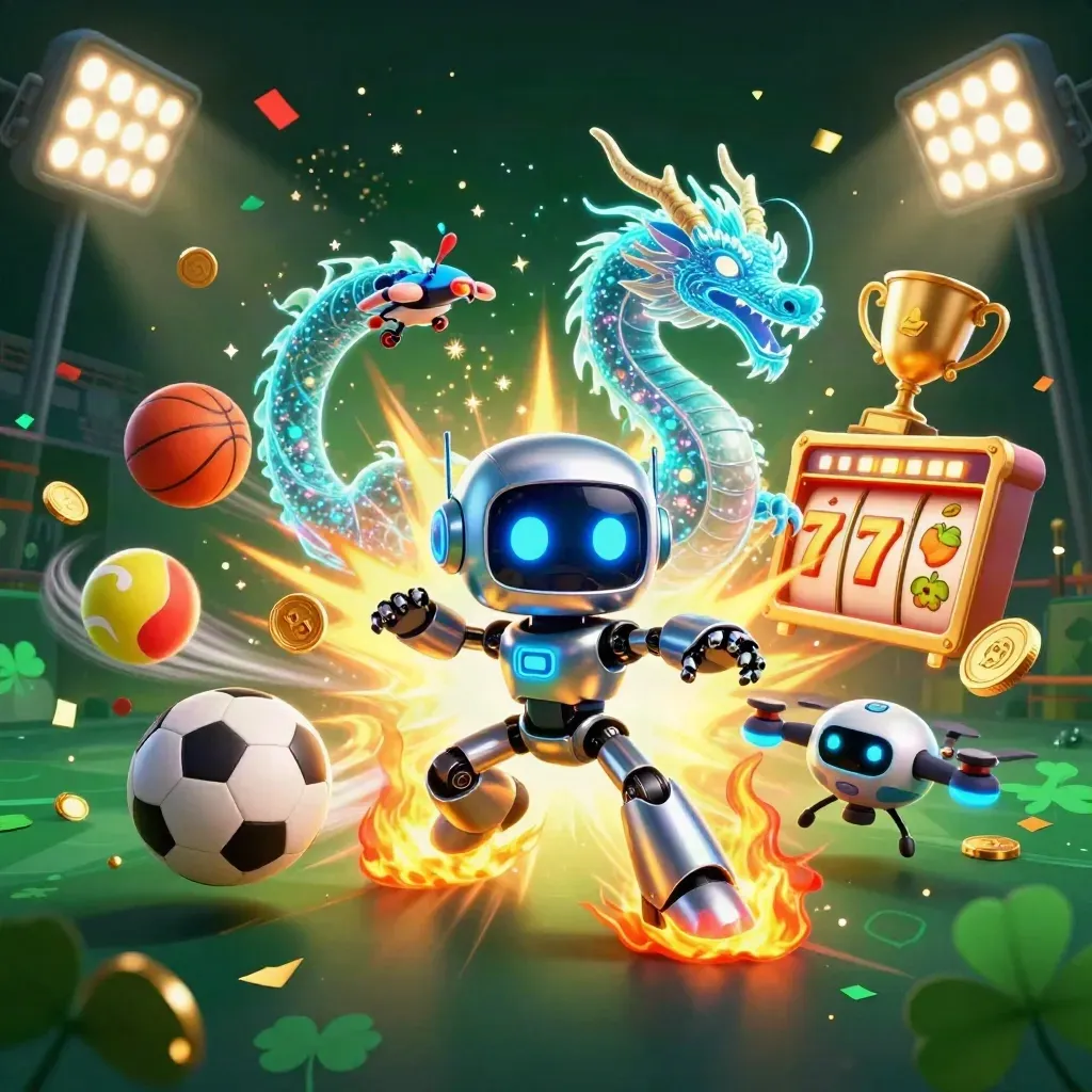 Cyberpunk robot, holographic dragon, and coin drone amid casino loot, balls, trophies, and neon energy.