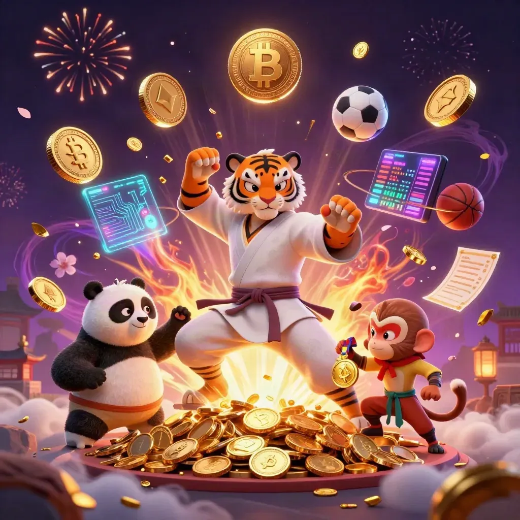 Kung-fu tiger, panda, and monkey amid a coin burst, fireworks, and neon gaming effects
