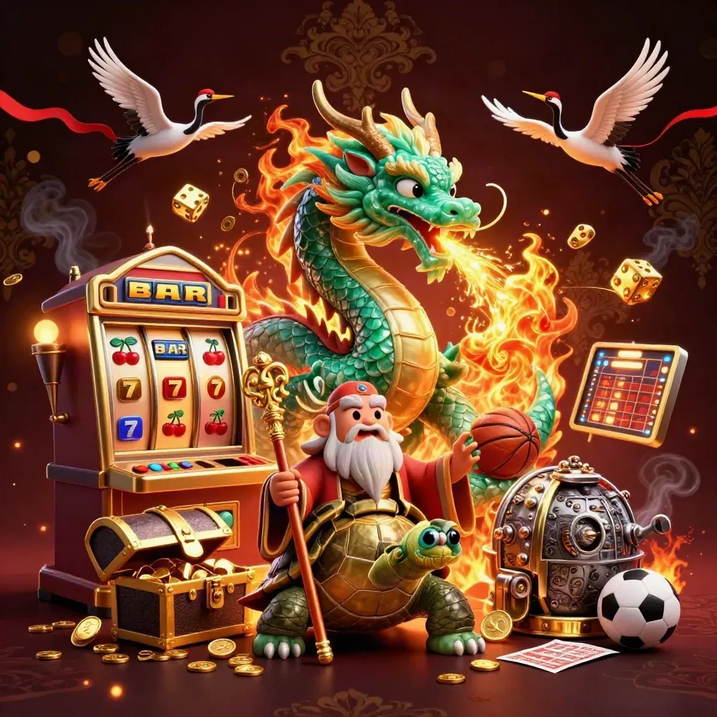 Jade dragon, turtle sage, cranes, slot burst, gold coins, fireworks, dark luxury casino scene