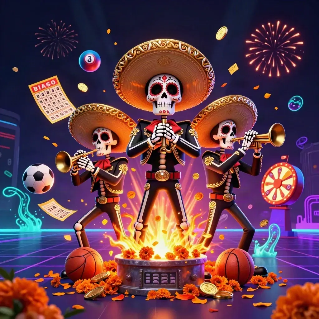 Skeleton mariachi trio amid casino prizes, coins, fireworks, and neon esports glow.
