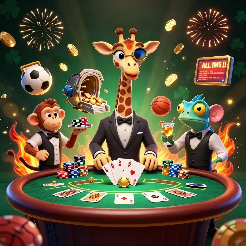 Giraffe, monkey valet, and chameleon bartender at a glowing poker table amid coins and fireworks