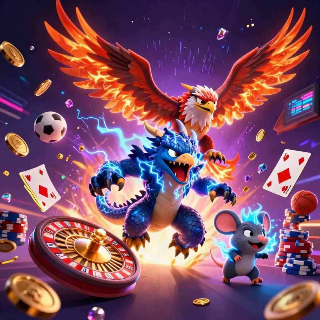 Thunder dragon, hawk, and mouse burst through coins, chips, cards, lightning, and sports props.
