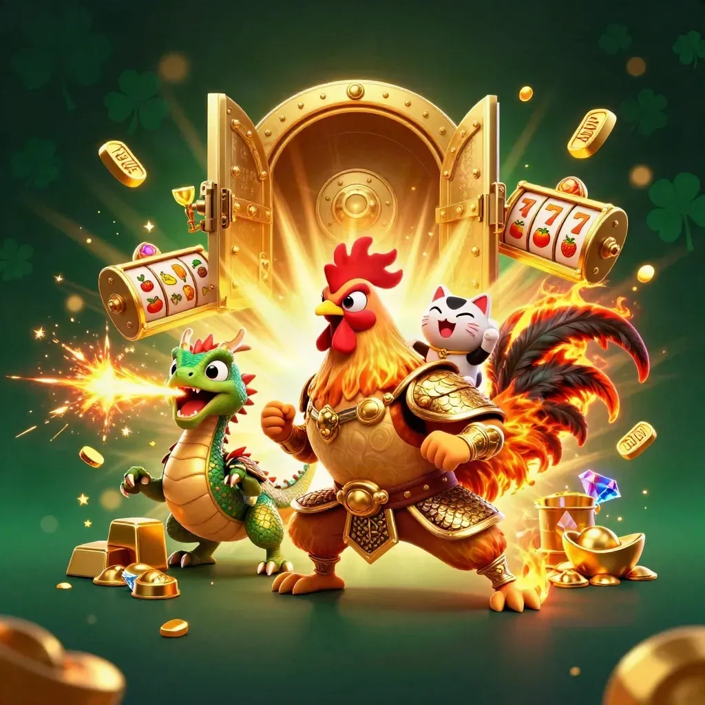 Rooster warrior, spark-breathing hatchling, and cheering lucky cat amid vault gold and casino sparks