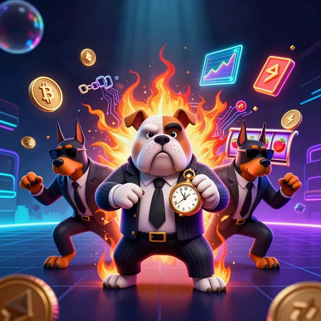 Bulldog boss with two Doberman guards amid neon coins, reels, lightning, and casino glow.