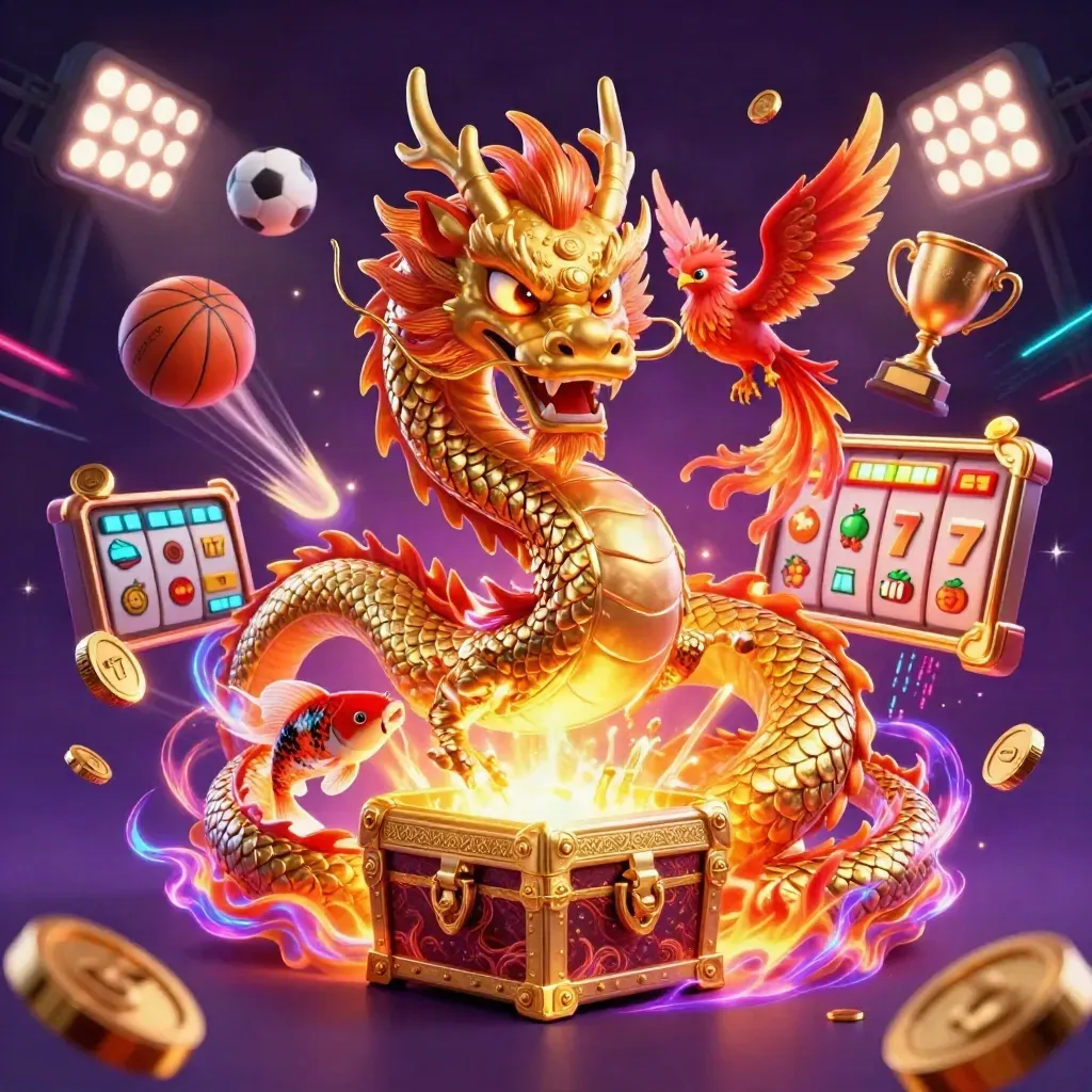 Golden dragon, phoenix, and koi with casino sports effects on a dark neon backdrop.