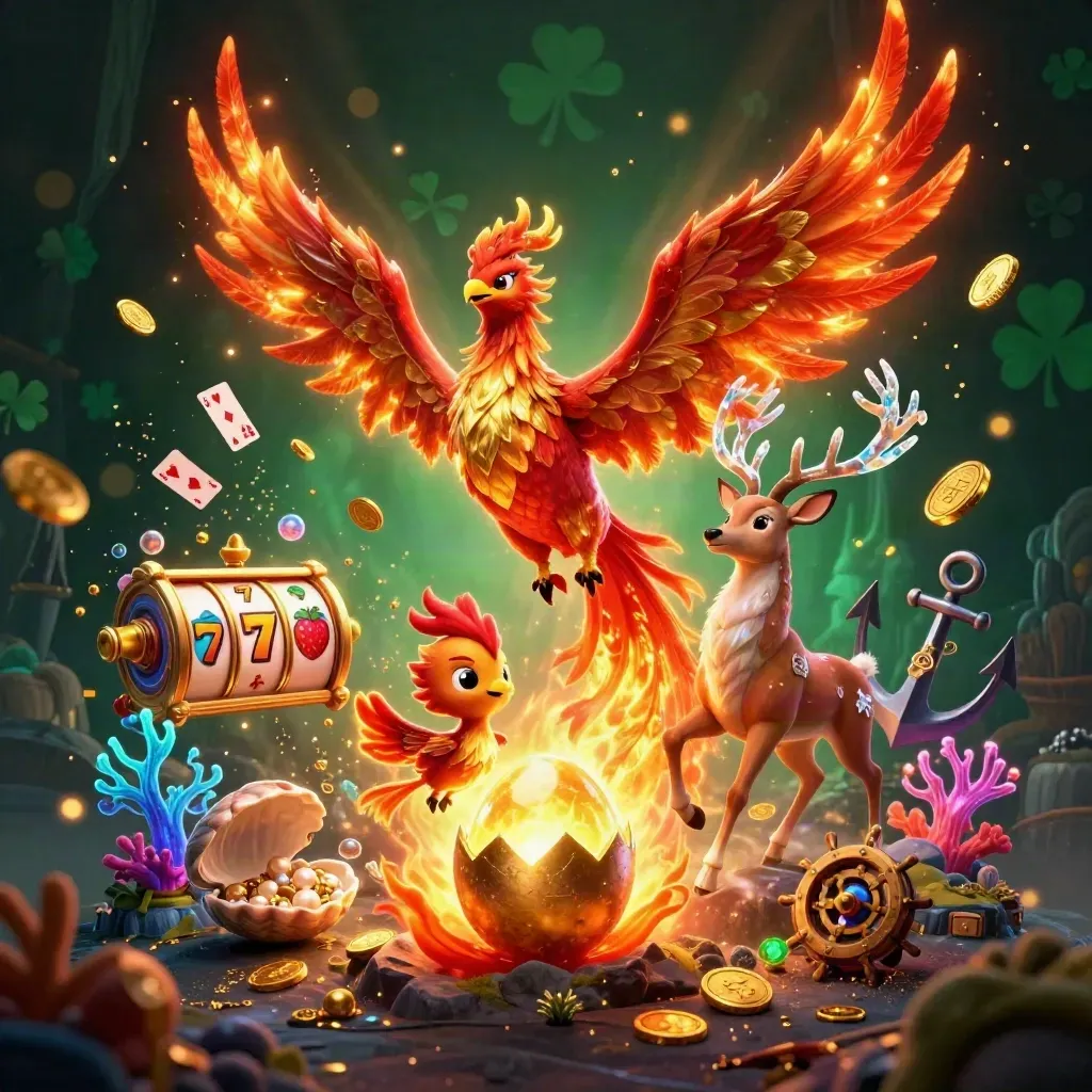 Fire phoenix, baby phoenix, and crystal stag amid casino treasure and glowing effects.