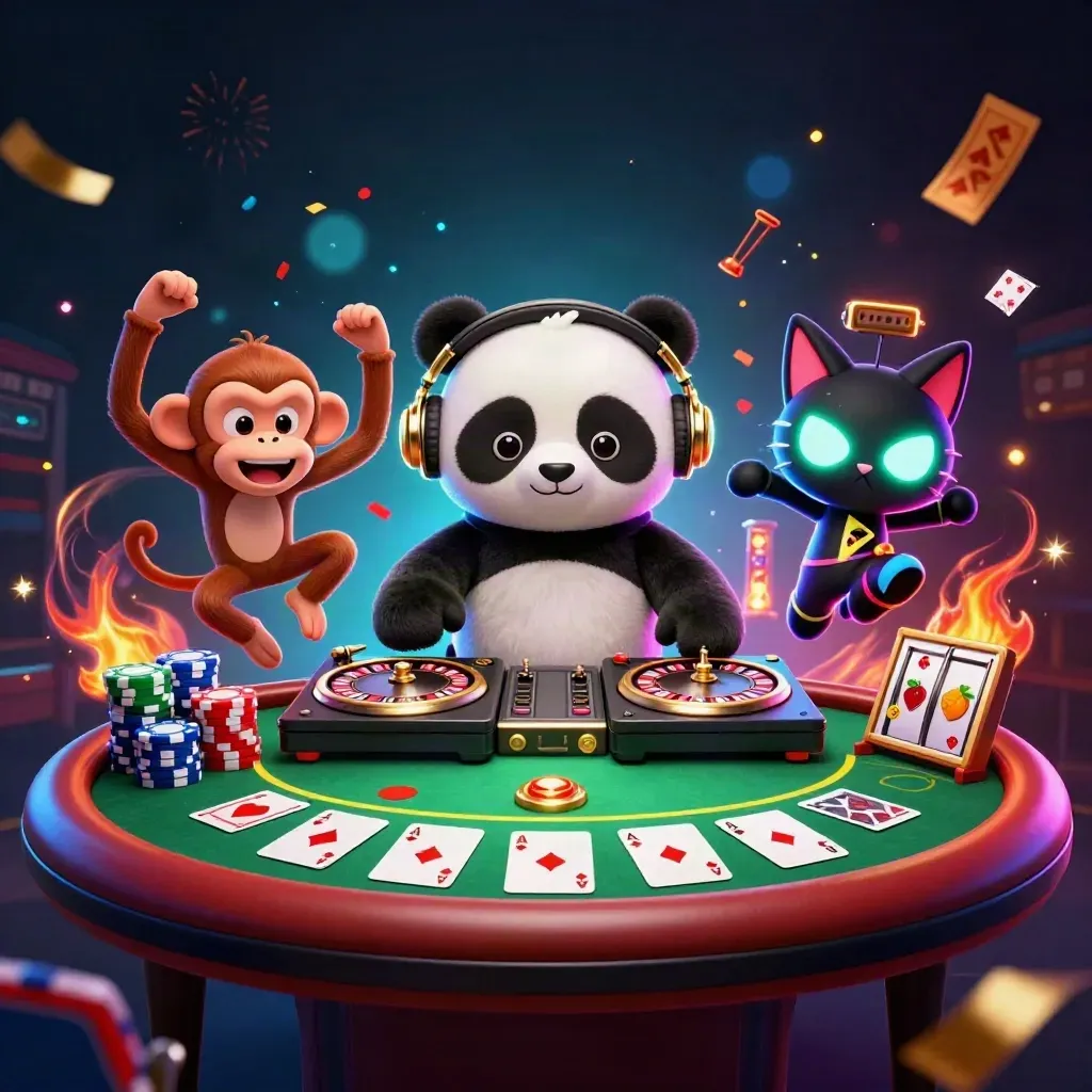 DJ panda, monkey, and kitten amid poker chips, reels, and neon casino effects.