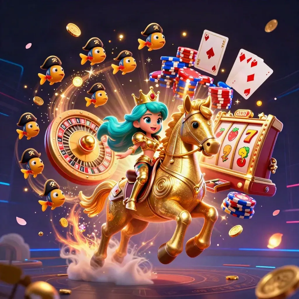 Mermaid princess on a golden seahorse amid casino chips, coins, roulette, cards, and neon effects.