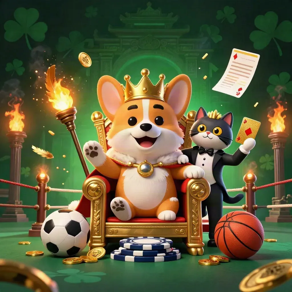 Royal corgi and cat butler amid casino gold, embers, sports props, and neon throne lights.