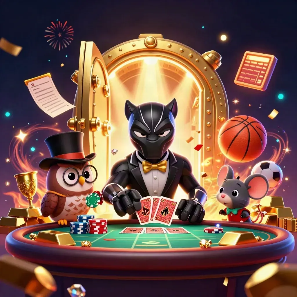 Panther, owl, and mouse amid vault gold, chips, and neon casino sparks