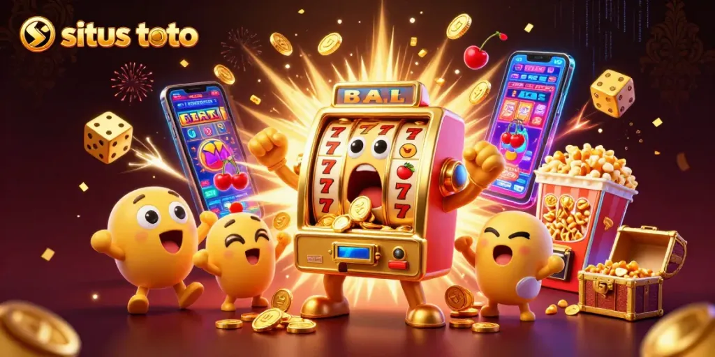 Situs toto menampilkan slot mesin emas kartun yang menang jackpot dengan koin berhamburan dan atmosfer ceria dari karakter lain.