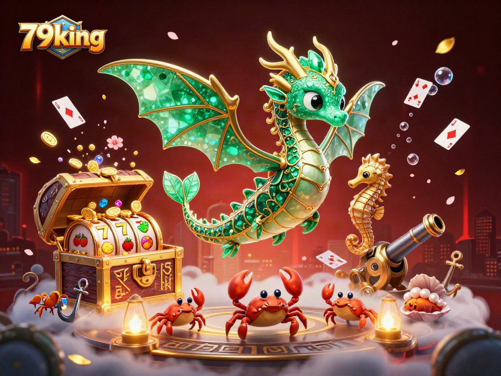Experience the thrilling adventure of 79king through underwater treasures and casino excitement in a vibrant 3D illustration.