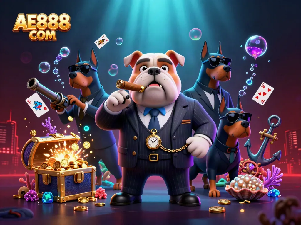 A dynamic illustration featuring casino-themed characters and gold coins with AE888 COM branding.