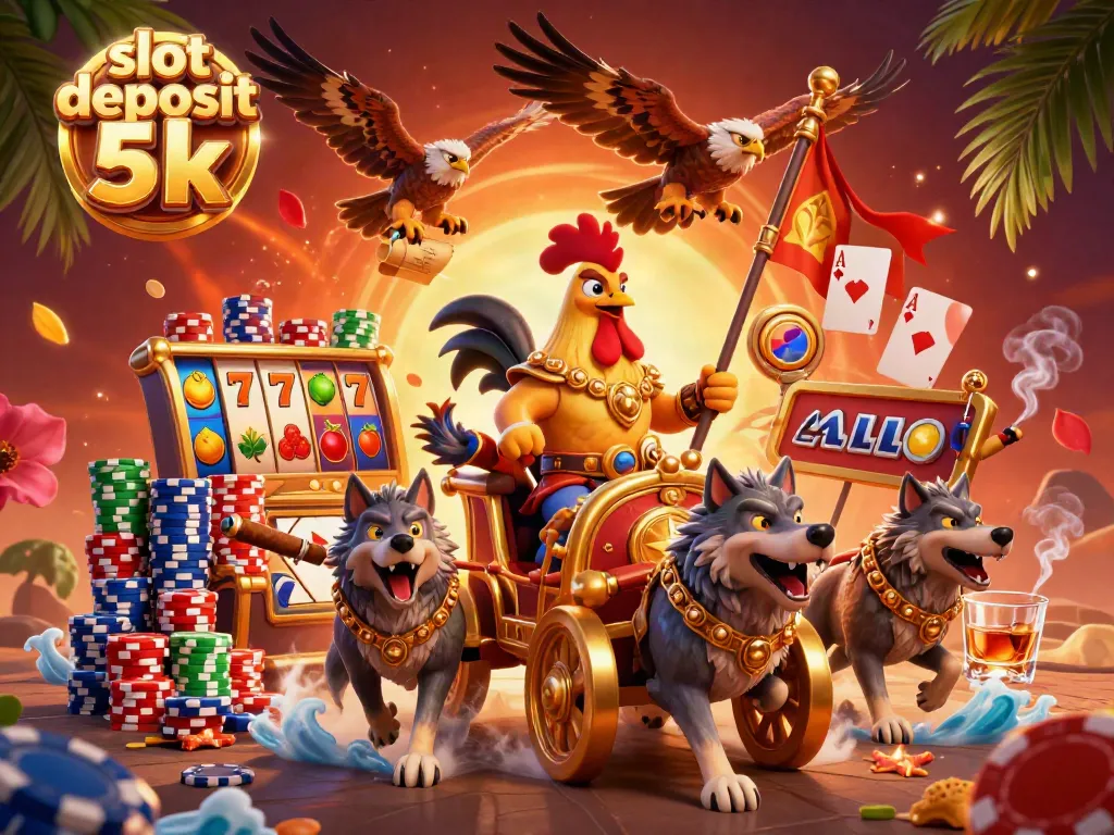Experience vibrant action with slot deposit 5k featuring a rooster warlord and gaming elements.