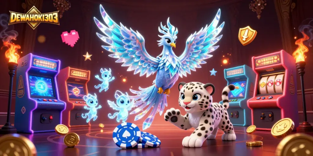 Menggairahkan perjudian dengan DEWAHOKI303, menampilkan phoenix es dan chip poker yang tertutup es dalam ilustrasi 3D.
