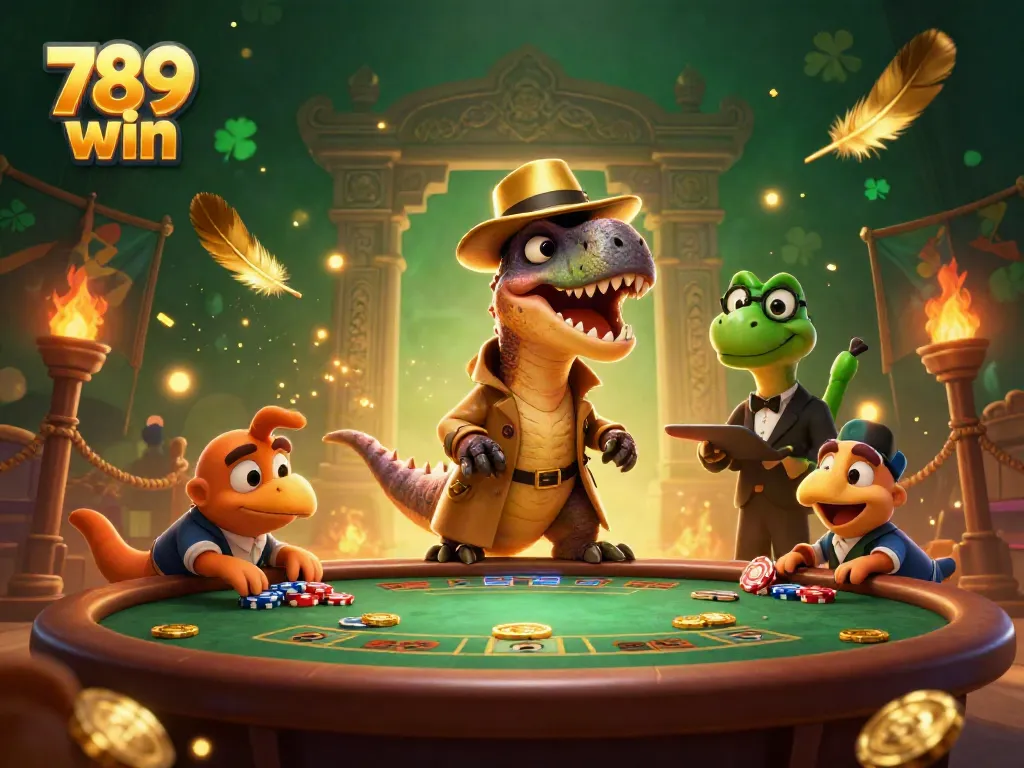 Experience the thrilling action at 789 win with a poker-playing velociraptor and imaginative casino elements.